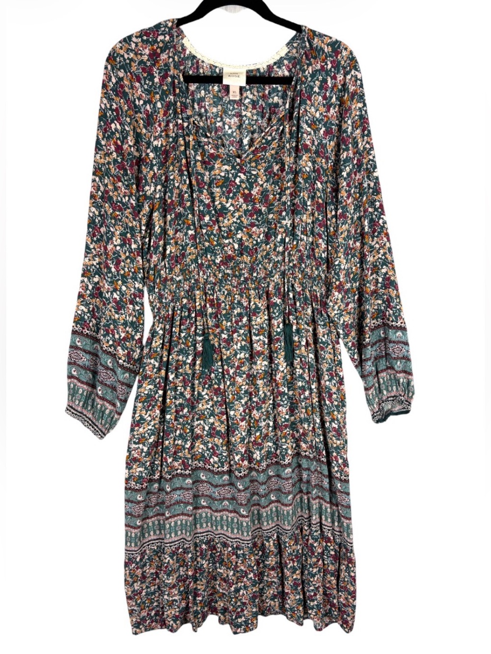 Knox Rose Floral Boho Midi Dress Green Burgundy Long Sleeve XL